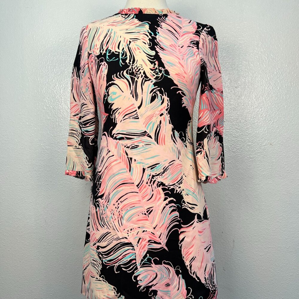 Kate Spade Dress Regal Plume Pink Feather Ruffle 3/4 Sleeve Size 2 Chiffon.‎